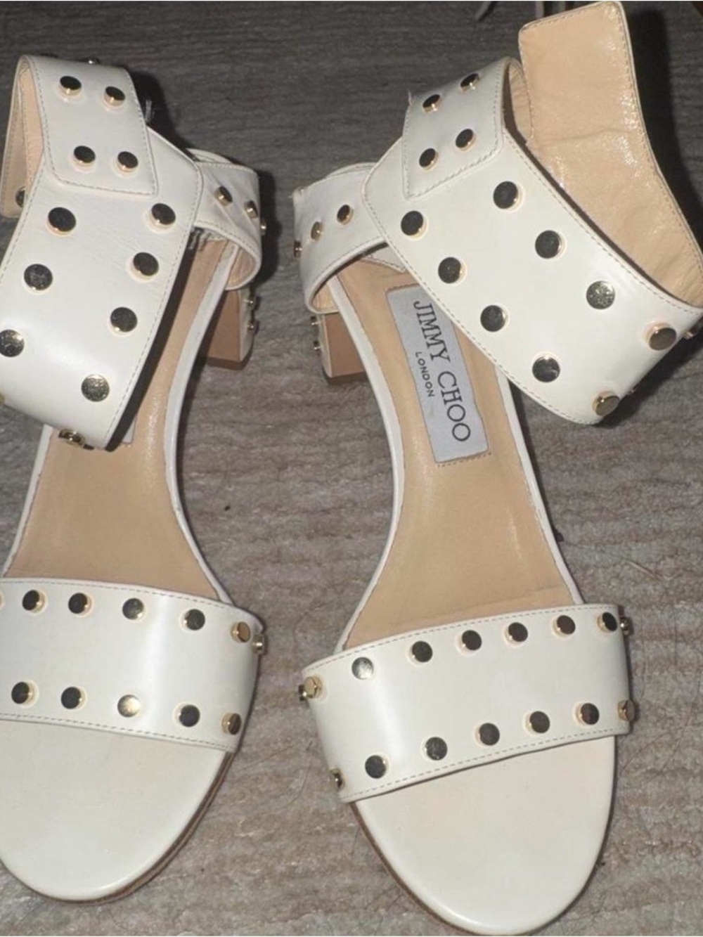 Jimmy Choo White Leather Ankle-Strap Block Heel Sandals with Gold Studs